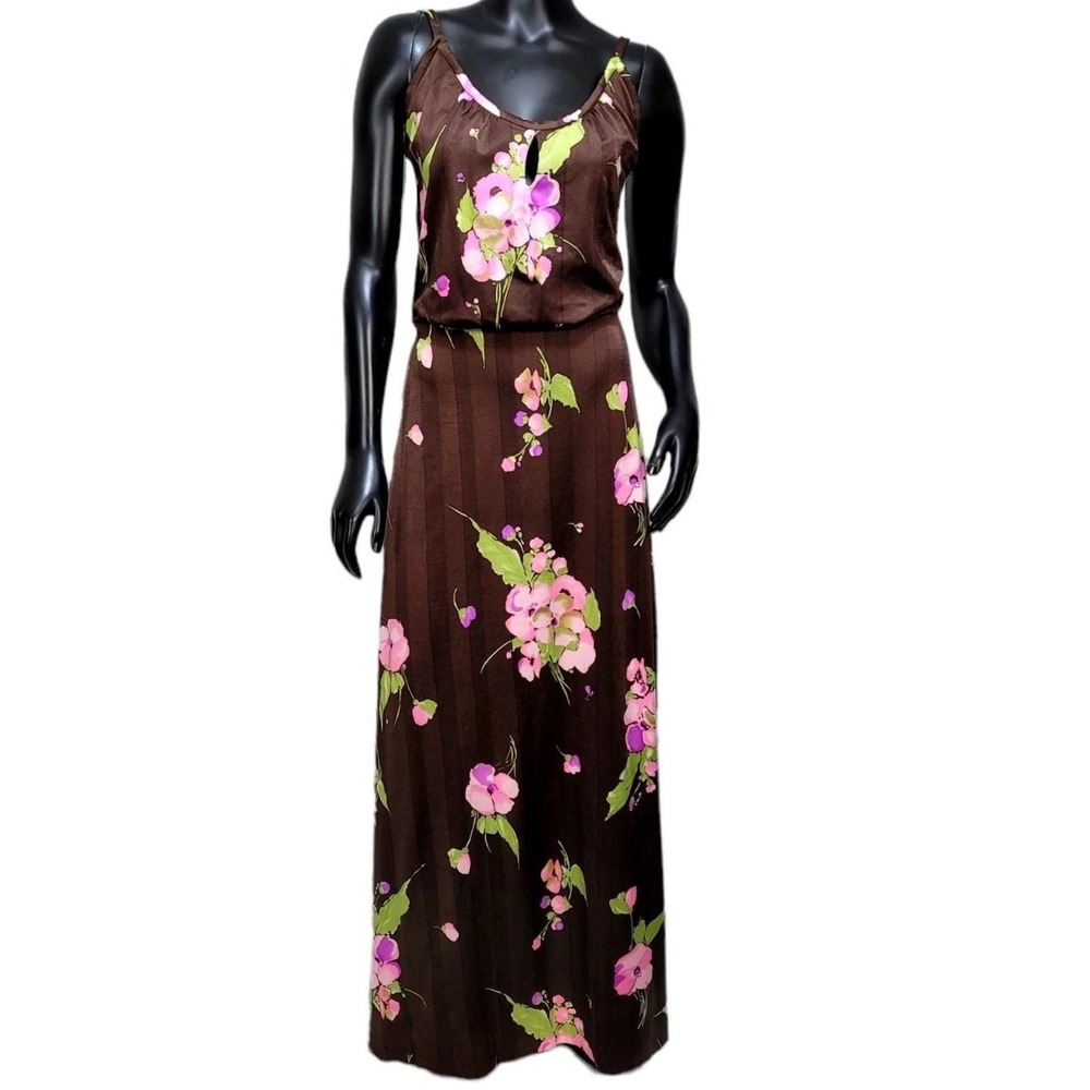 Vintage‎ 70s Brown Floral Nylon Maxi Dress Keyhole Spaghetti Strap Disco Boho